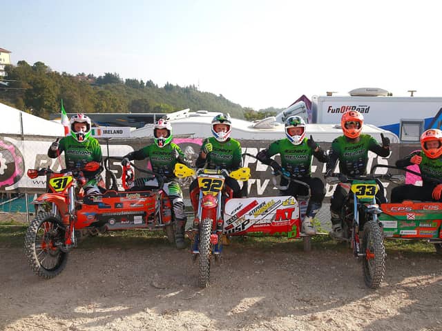 Sidecarcross Team Ireland's Neil Campbell/Scott Grahame, Jonny Wilson/Andrew Rowan and Andy and Adam McKibbin ready for action at Cingoli. They eventually finished 10th overall. Picture: Maurice Montgomery