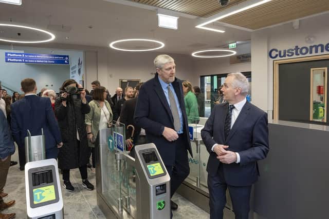 Infrastructure Minister John O’Dowd  and Chris Conway, Translink Group Chief at the new York street Train station ahead of a ribbon cutting to mark operational opening.
