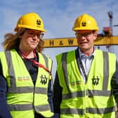 Leader of the House of Commons Penny Mordaunt (centre left) during a visit to the Harland and Wolff shipyard, Belfast, with Ben Murray (right), Group Director of Government and Corporate Affairs at Harland and Wolff, and Alan Haley (left), Recapitalisation Manager at Harland and Wolff   Picture: Liam McBurney/PA Wire