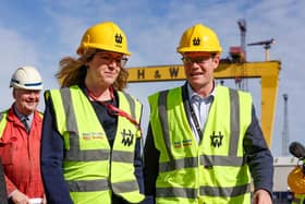 Leader of the House of Commons Penny Mordaunt (centre left) during a visit to the Harland and Wolff shipyard, Belfast, with Ben Murray (right), Group Director of Government and Corporate Affairs at Harland and Wolff, and Alan Haley (left), Recapitalisation Manager at Harland and Wolff   Picture: Liam McBurney/PA Wire