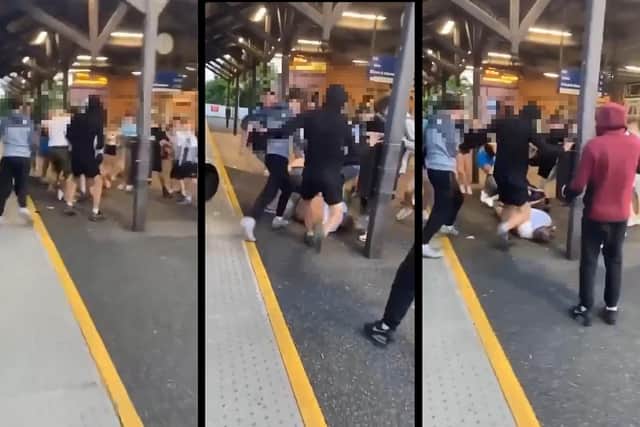 Some still frames from the video showing a person being kicked on the ground