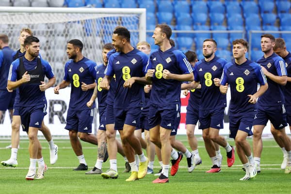 Northern Ireland players training in the Astana Arena ahead of facing Sunday's Euro 2024 qualifier against Kazakhstan. (Photo by Jonathan Porter/PressEye)