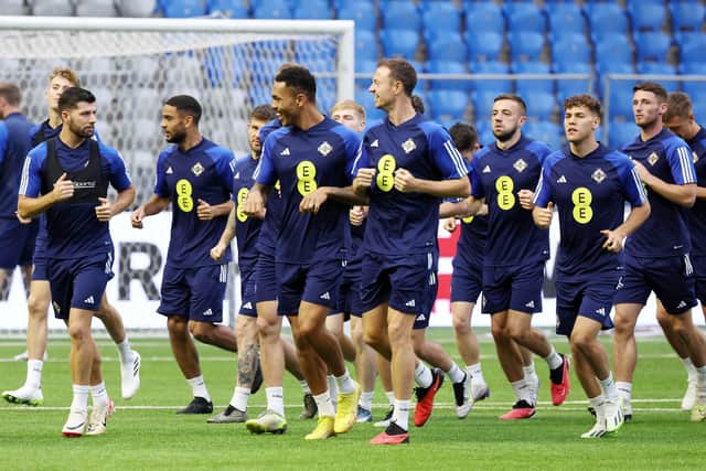 Northern Ireland players training in the Astana Arena ahead of facing Sunday's Euro 2024 qualifier against Kazakhstan. (Photo by Jonathan Porter/PressEye)