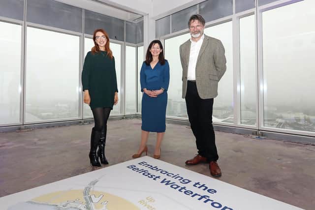 Launching the new Belfast Waterfront Promenade framework are councillor Clíodhna Nic Bhranair, chair of Belfast City Council’s City Growth and Regeneration Committee, Kerrie Sweeney, CEO of Maritime Belfast Trust and Oliver Schulze, co-founder and partner with Schulze+Grassov