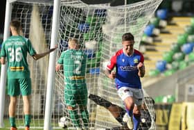 Jordan Stewart celebrates scoring for Linfield in Saturday's 1-1 draw with Cliftonville on the final day of the league season. (Photo by Arthur Allison/Pacemaker Press)