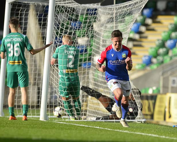 Jordan Stewart celebrates scoring for Linfield in Saturday's 1-1 draw with Cliftonville on the final day of the league season. (Photo by Arthur Allison/Pacemaker Press)