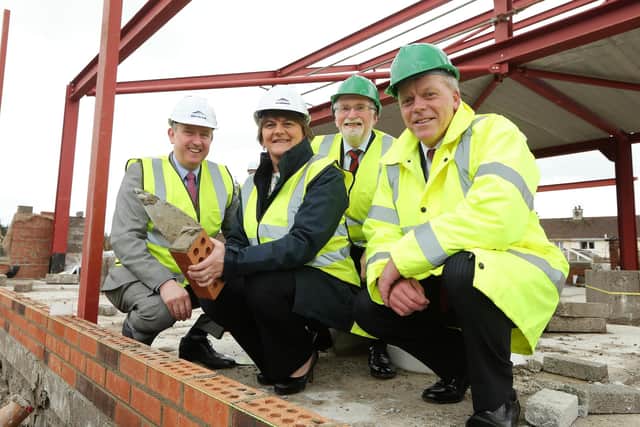Then First Minister Arlene Foster is pictured at a ground breaking ceremony at Dalriada School in Ballymoney. The First Minister is pictured with then Finance Minister Mervyn Storey, Brian Dillon, Chairman of the Board of Governors and Tom Skelton, Headmaster.