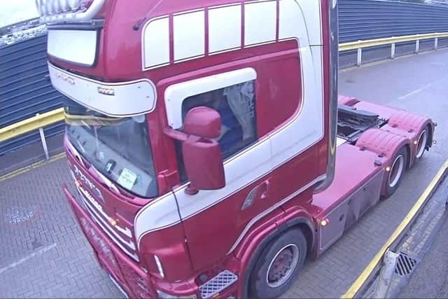 Maurice Robinson in his lorry cab leaving Port of Purfleet in Essex. The cab will now be sold at auction with money being given to victims of the 39 families who were killed