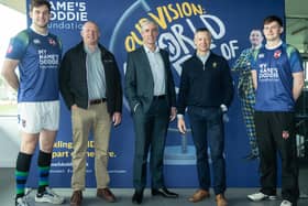 Jake McCay, Queen's Rugby with Nigel Dillon (Lloyds Datum), Peter Legge (Grant Thornton), Stu Thom (My Name’5 Doddie Foundation NI ambassador) and Will Thompson.