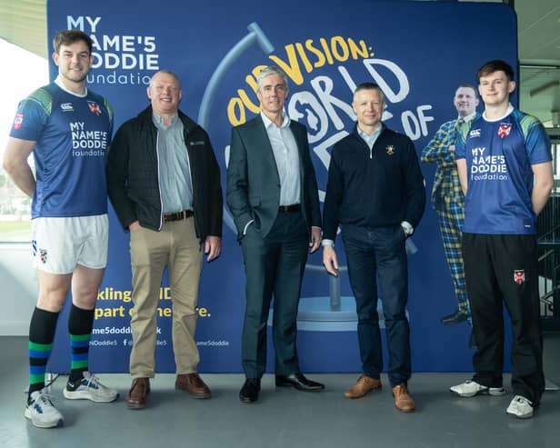 Jake McCay, Queen's Rugby with Nigel Dillon (Lloyds Datum), Peter Legge (Grant Thornton), Stu Thom (My Name’5 Doddie Foundation NI ambassador) and Will Thompson.
