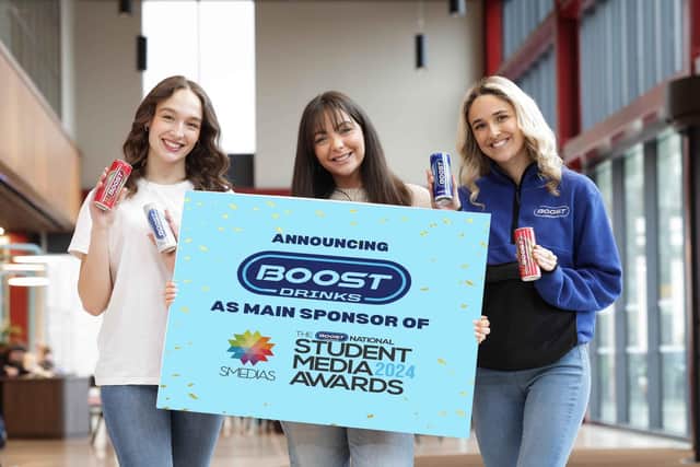(l to r) Students, Harriet Eadie and Ellen Curran are joined by Boost Drinks ambassador, Hannah Mullan to announce that Boost is the title sponsor of the 2024 National Student Media Awards (SMEDIAS) whose aim is to celebrate the best that students have to offer in journalism, photography, film, TV, radio, and more.