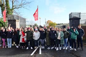 Unite the Union members on the picket line at St. Gerard's School in Belfast on 15 November. Education workers and  teachers have engaged in persistent strikes in recent months in protest over pay. Pic Colm Lenaghan/Pacemaker