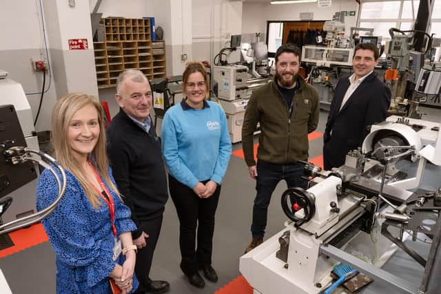 L-R: Alison Smyth, HR Executive at Tobermore Concrete; Peter Gormley, Managing Director at Sperrin Metal; Elita Frid, Education & Industry Engagement Manager at MEGA; Northern Regional College’s Ryan Stirling, lecturer in Engineering, and David Lynn, Curriculum Area Manager for Engineering