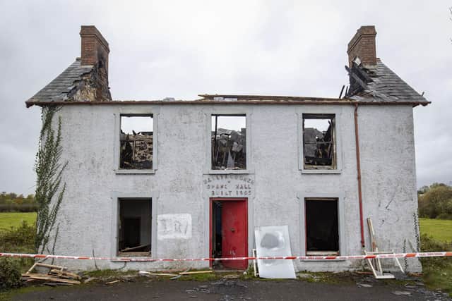 Ballynougher Orange Hall on Aghagaskin Road in Magherafelt, Co Londonderry, which was extensively damaged by a fire on Sunday evening. Police, who are treating the blaze as a hate crime, believe entry was forced at the back of the hall and an accelerator was used to ignite the fire inside. Photo: Liam McBurney/PA Wire