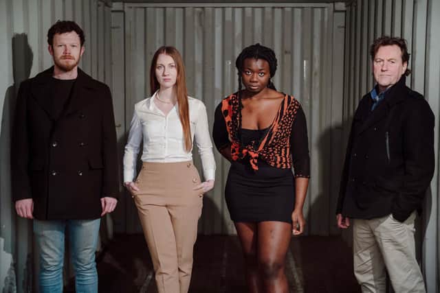 Seamus O’Hara, Louise Parker, Lizzy Akinbami and James Doran who will perform in the new Kabosh production, Silent Trade, written by Rosemary Jenkinson and directed by Paula McFetridge. The play premieres at the Lyric Theatre on February 22