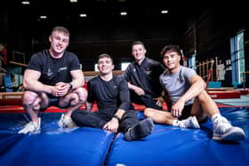 Chester Enriquez (right) with Team NI gymnastics team-mates, from left, Ewan McAteer, Eamon Montgomery and Rhys McClenaghan. (Photo by CGNI)