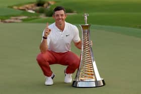 Rory McIlroy with the DP World Tour Championship trophy in Dubai, United Arab Emirates. Photo by Andrew Redington/Getty Images