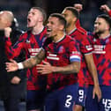 Rangers' John Lundstram and James Tavernier celebrate following the final whistle after beating Kilmarnock 2-1 at The BBSP Stadium Rugby Park