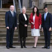 Northern Ireland Secretary Chris Heaton-Harris, First Minister Michelle O'Neill, Deputy First Minister Emma Little-Pengelly and Prime Minister Rishi Sunak at Stormont Castle, Belfast, on Monday