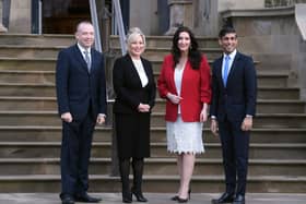 Northern Ireland Secretary Chris Heaton-Harris, First Minister Michelle O'Neill, Deputy First Minister Emma Little-Pengelly and Prime Minister Rishi Sunak at Stormont Castle, Belfast, on Monday