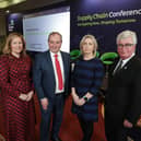 Over 250 local businesses are attending a Supply Chain Conference: Navigating Now, Shaping Tomorrow in the Armagh City Hotel today at which they will get expert insights into how to manage their supply chains more effectively. Pictured are Melanie Dawson, board member, Invest Northern Ireland, Professor Richard Wilding OBE, Louise Skeath, CEO, SDG Construction Technology Ltd, Niall Casey, director of Skills & Competitiveness, Invest Northern Ireland