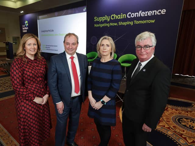 Over 250 local businesses are attending a Supply Chain Conference: Navigating Now, Shaping Tomorrow in the Armagh City Hotel today at which they will get expert insights into how to manage their supply chains more effectively. Pictured are Melanie Dawson, board member, Invest Northern Ireland, Professor Richard Wilding OBE, Louise Skeath, CEO, SDG Construction Technology Ltd, Niall Casey, director of Skills & Competitiveness, Invest Northern Ireland