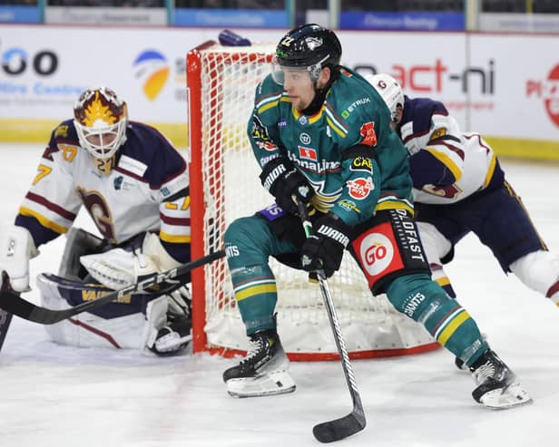 Belfast Giants’ Ara Nazarian with Guildford Flames’ Eamon McAdam during Saturday night’s EIHL game at the SSE Arena, Belfast.   Photo by William Cherry/Presseye