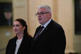 Northern Ireland's deputy First Minister Emma Little-Pengelly and DUP Party leader Gavin Robinson speaking to the media in the Great Hall at Parliament Buildings, Stormont, on Monday