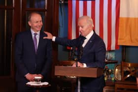 US President Joe Biden (right) at The Windsor with Tanaiste Michael Martin in Dundalk, Co Louth, during his trip to the island of Ireland. Picture date: Wednesday April 12, 2023.
