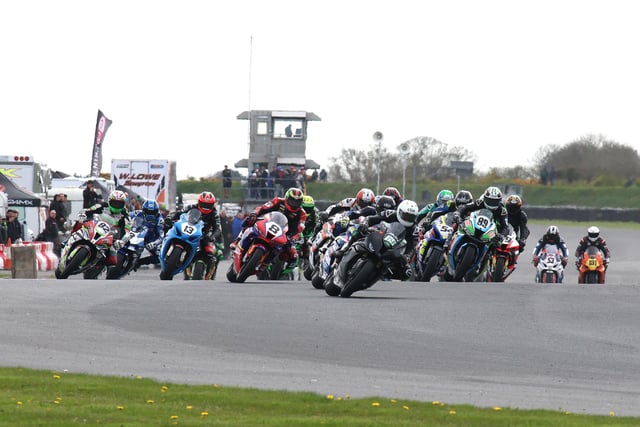 The start of the Enkalon Trophy Superbike race at Bishopscourt on Saturday.