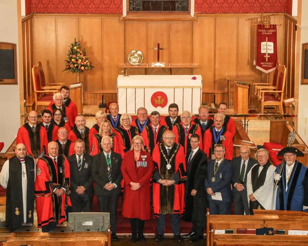 Alderman James Tinsley, LCCC Veterans Champion; Mr Danny Kinahan, the Northern Ireland Veterans’ Commissioner; Mr Peter Mackie, High Sheriff; The Deputy Lord Lieutenant Mrs Pauline Shields, OBE, DL; Mayor Councillor Andrew Gowan; Lyn Bulgin, Greenfinch, Rosemary Craig, Greenfinch; Mr David Burns, Chief Executive; The Right Reverend Darren James McCartney, the rector of St. Paul’s Parish; Sir Jeffrey Donaldson MP; Reverend Nicholas Dark and Ronnie Nesbitt and Councillors are pictured with the Greenfinches at the event