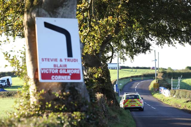 Police on the Mid-Antrim 150 course in Clough, Co Antrim after the race meeting was cancelled on Saturday following an act of sabotage.