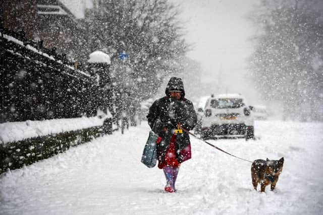 A woman walks a dog through the snow in Glasgow on February 9, 2021. - Cold weather swept across northern Europe bring snow and ice. (Photo by Andy Buchanan / AFP) (Photo by ANDY BUCHANAN/AFP via Getty Images)