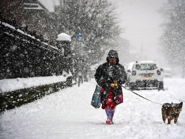 A woman walks a dog through the snow in Glasgow on February 9, 2021. - Cold weather swept across northern Europe bring snow and ice. (Photo by Andy Buchanan / AFP) (Photo by ANDY BUCHANAN/AFP via Getty Images)