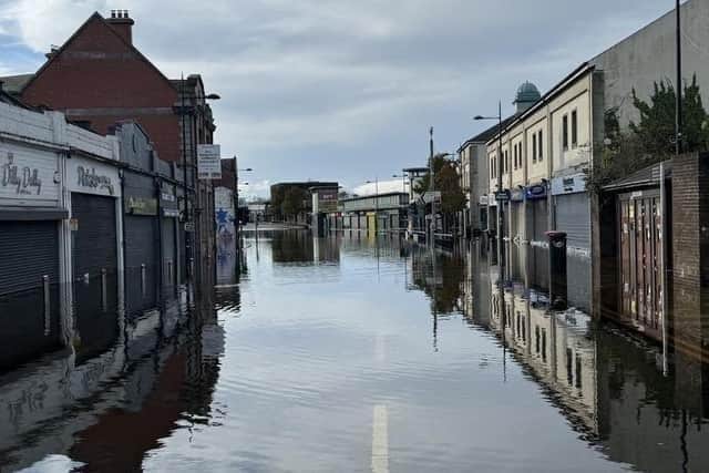 A scene from the flooded town centre of Downpatrick. Photo: Colin McGrath MLA