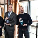 Belfast whiskey and gin distillery, Hinch Distillery has announced a partnership with local actor and producer, James Nesbitt.. Pictured are founder of Hinch Distillery, Dr Terry Cross OBE with his son, Patrick Cross, and James Nesbitt. Credit: Press Eye Ltd