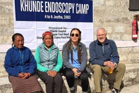 Dr Amrita Gurung (second from right) pictured with patients and a colleague at the Khunde Endoscopy Camp in Nepal