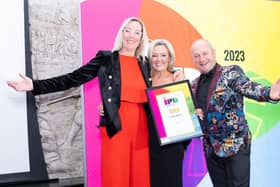 Newtownards-based firm Print Library's Andrea McMaster and Amanda Stewart pictured at the Irish Print Awards with Alan Shortt, host of the event