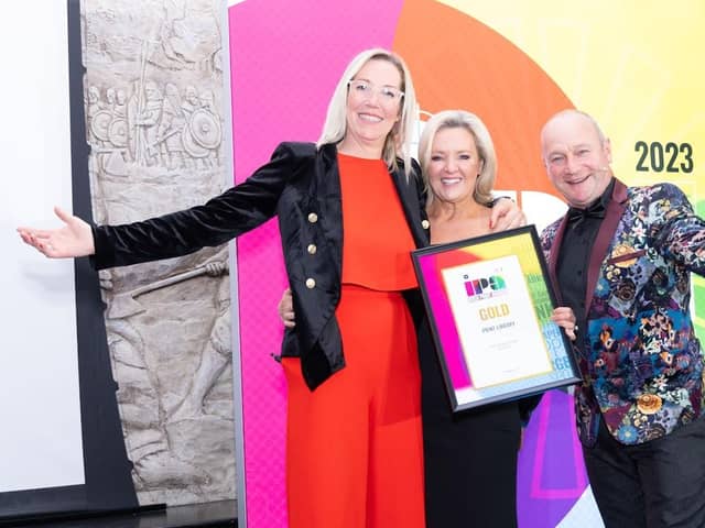 Newtownards-based firm Print Library's Andrea McMaster and Amanda Stewart pictured at the Irish Print Awards with Alan Shortt, host of the event