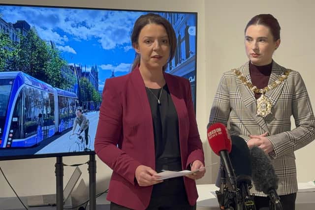 Stormont Infrastructure Minister Liz Kimmins (left), along with Belfast Lord Mayor Rois-Maire Donnelly speaking to members of the media at the launch of the draft Eastern Transport Plan 2035 at 2 Royal Avenue in Belfast.