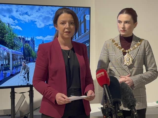 Stormont Infrastructure Minister Liz Kimmins (left), along with Belfast Lord Mayor Rois-Maire Donnelly speaking to members of the media at the launch of the draft Eastern Transport Plan 2035 at 2 Royal Avenue in Belfast.