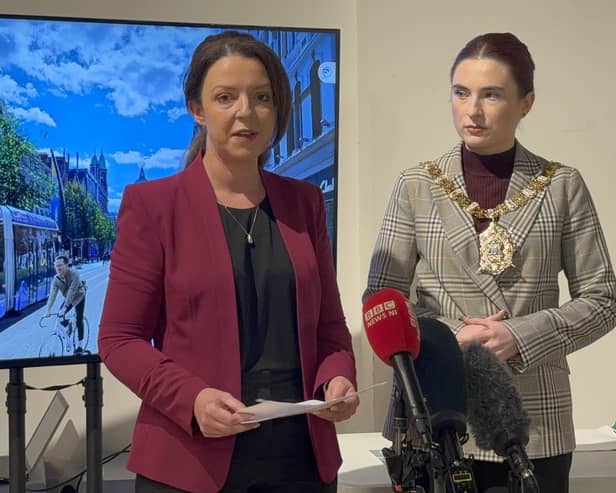 Stormont Infrastructure Minister Liz Kimmins (left), along with Belfast Lord Mayor Rois-Maire Donnelly speaking to members of the media at the launch of the draft Eastern Transport Plan 2035 at 2 Royal Avenue in Belfast.