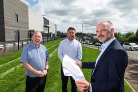 Elm Grange Company, the family-owned construction and development company, is nearing the completion of its first major commercial development with funding support from Bank of Ireland UK.  Pictured is John Curran, managing director, Elm Grange Company and Frank Curran, director, Elm Grange Company with Gareth Wilson, business manager, Bank of Ireland