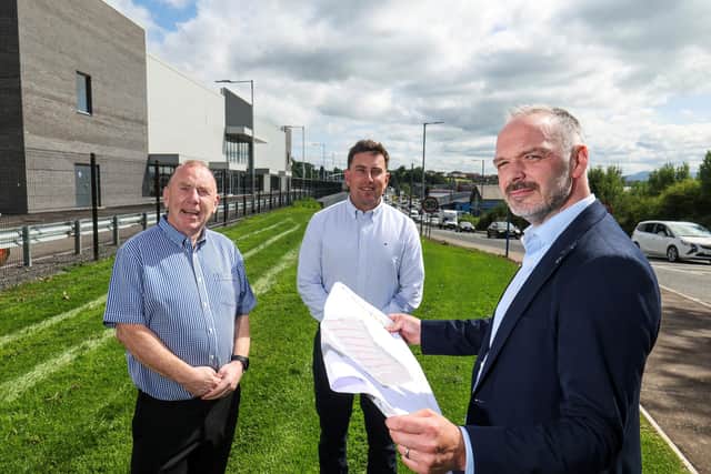 Elm Grange Company, the family-owned construction and development company, is nearing the completion of its first major commercial development with funding support from Bank of Ireland UK. Pictured is John Curran, managing director, Elm Grange Company and Frank Curran, director, Elm Grange Company with Gareth Wilson, business manager, Bank of Ireland