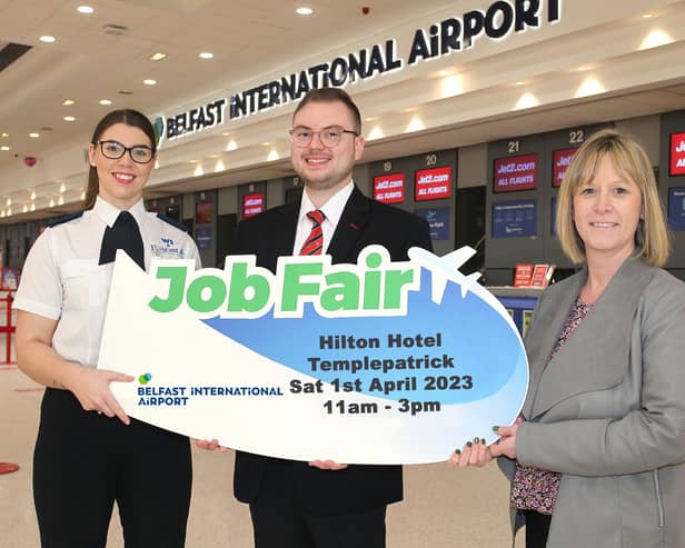 Belfast International Airport is holding a Jobs Fair this Saturday, April 1 at the Hilton Templepatrick from 11am to 3pm. Over 100 roles are available as the team prepare for one of their busiest summers ever, they are expecting over 6 million passengers. Pictured are Paula Turner (Wilson James), Ryan Allsopp (Swissport) and Jaclyn Coulter (HR manager at Belfast International Airport)