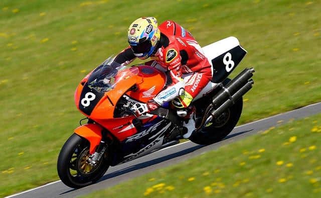 Nathan Harrison on the Ashcourt Racing Honda RC45 he will ride in the Classic Superbike race at the Manx Grand Prix