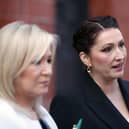 First Minister Michelle O'Neill (left) and Deputy First Minister Emma Little-Pengelly speak to the media following a meeting at FinTrU offices in south Belfast