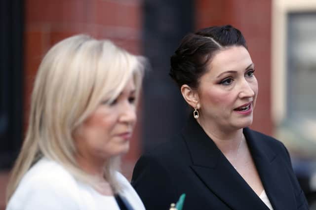 First Minister Michelle O'Neill (left) and Deputy First Minister Emma Little-Pengelly speak to the media following a meeting at FinTrU offices in south Belfast