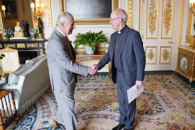 King Charles III receives the Archbishop of Canterbury Justin Welby in the White Drawing Room at Windsor Castle, Berskhire, earlier this month, for an Audience ahead of the Coronation.