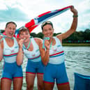 Lola Anderson, Hannah Scott, Finnola Stratton and Imogen Grant celebrate silver success for Great Britain's women's quadruple sculls crew at the World Rowing Championships. (Photo by British Rowing/Benedict Tufnell)